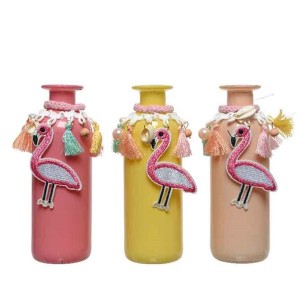 BOTTLE WITH FLAMINGOS AND TASSELS 6x16cm